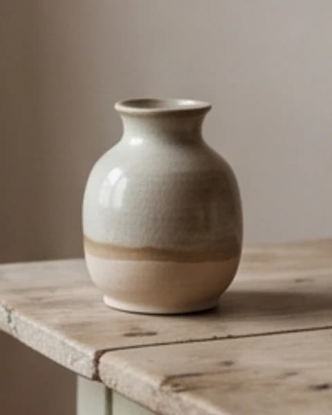 Jarrón de cerámica sobre una mesa de madera